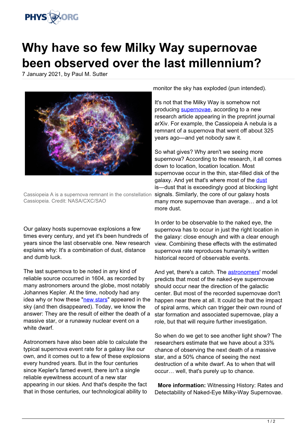 Why Have So Few Milky Way Supernovae Been Observed Over the Last Millennium? 7 January 2021, by Paul M