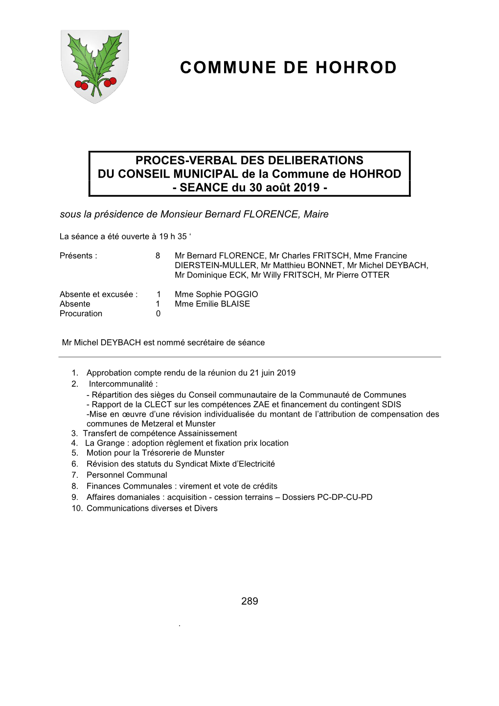 CR Réunion Conseil Municipal Du 30-08-19