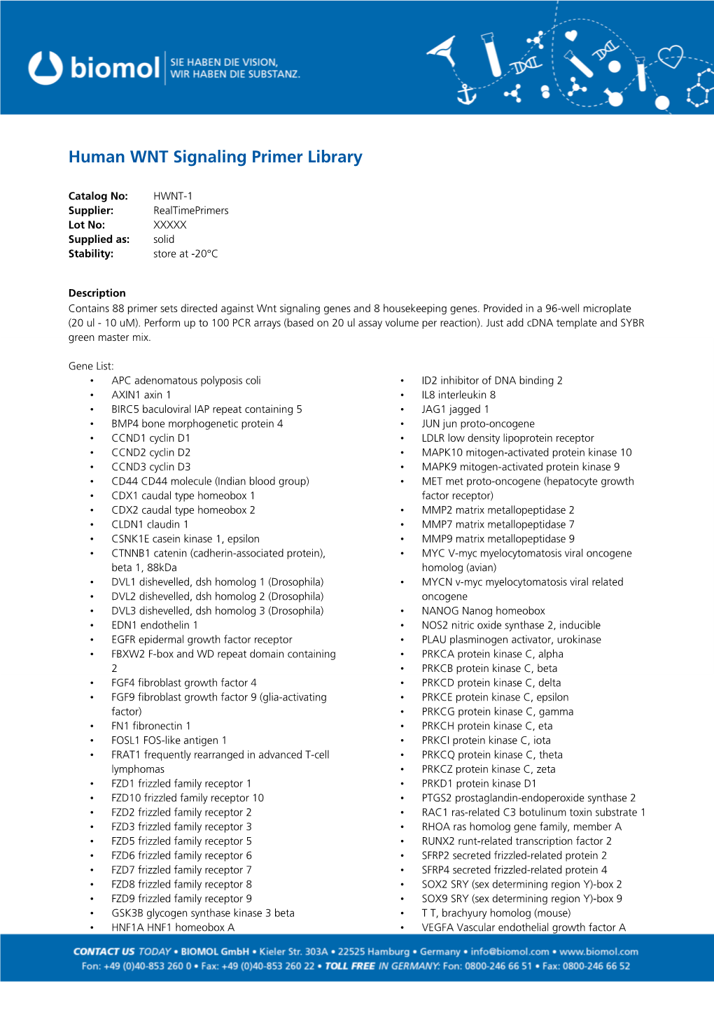 Human WNT Signaling Primer Library