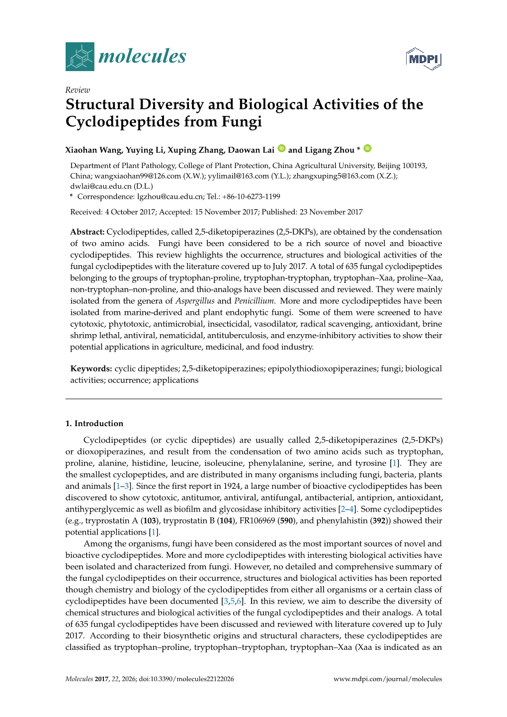 Structural Diversity and Biological Activities of the Cyclodipeptides from Fungi