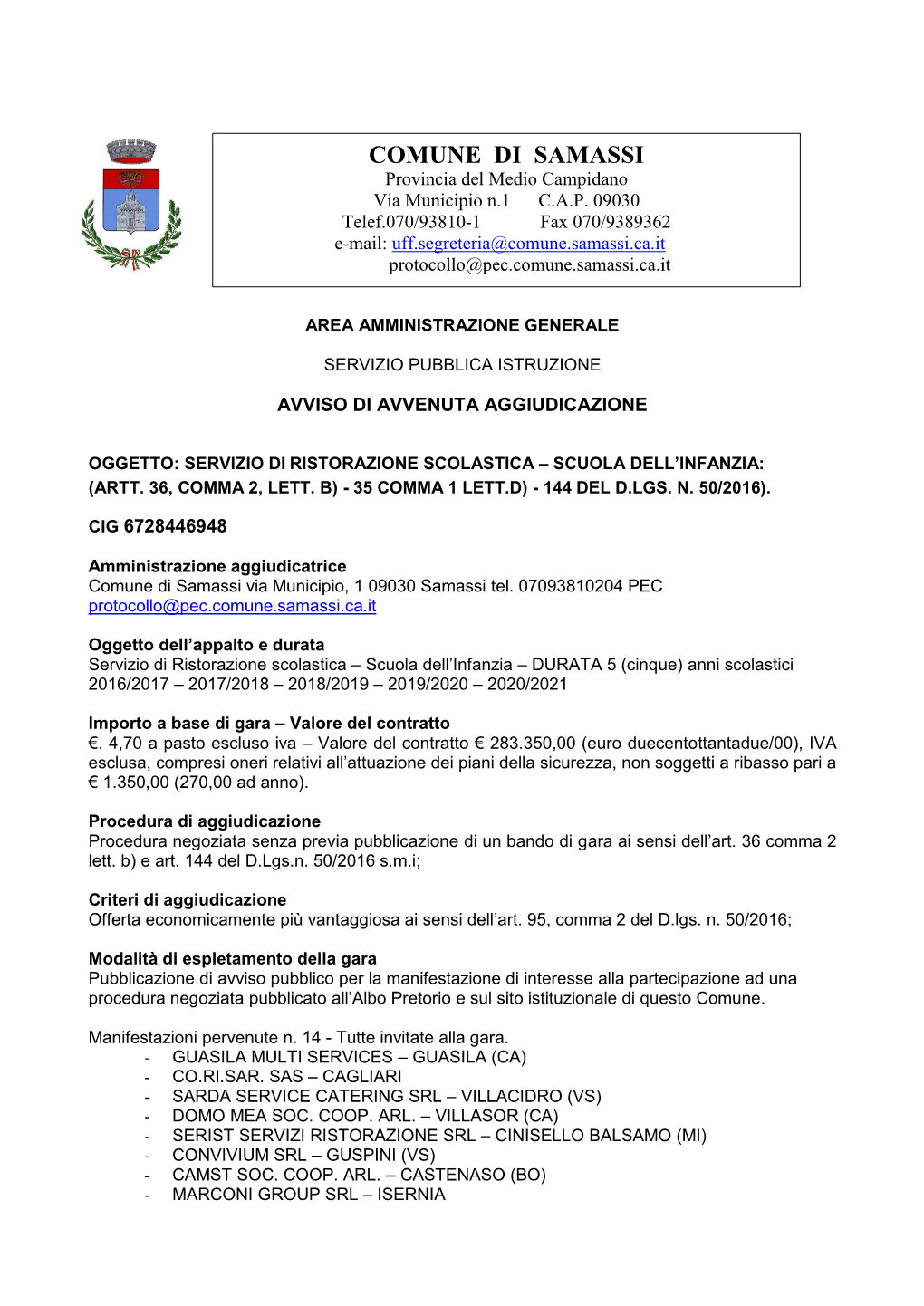 COMUNE DI SAMASSI Provincia Del Medio Campidano Via Municipio N.1 C.A.P