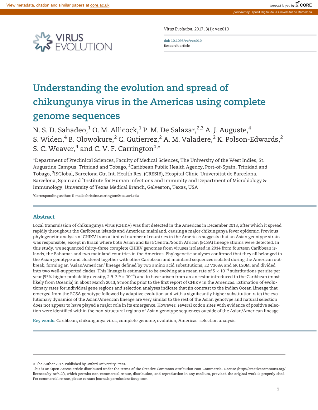 Understanding the Evolution and Spread of Chikungunya Virus in the Americas Using Complete Genome Sequences N