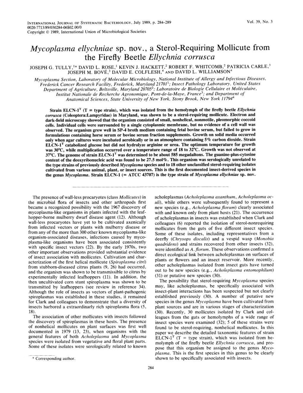 Mycoplasma Ellychniae Sp. Nov., a Sterol-Requiring Mollicute from the Firefly Beetle Ellychnia Comma JOSEPH G