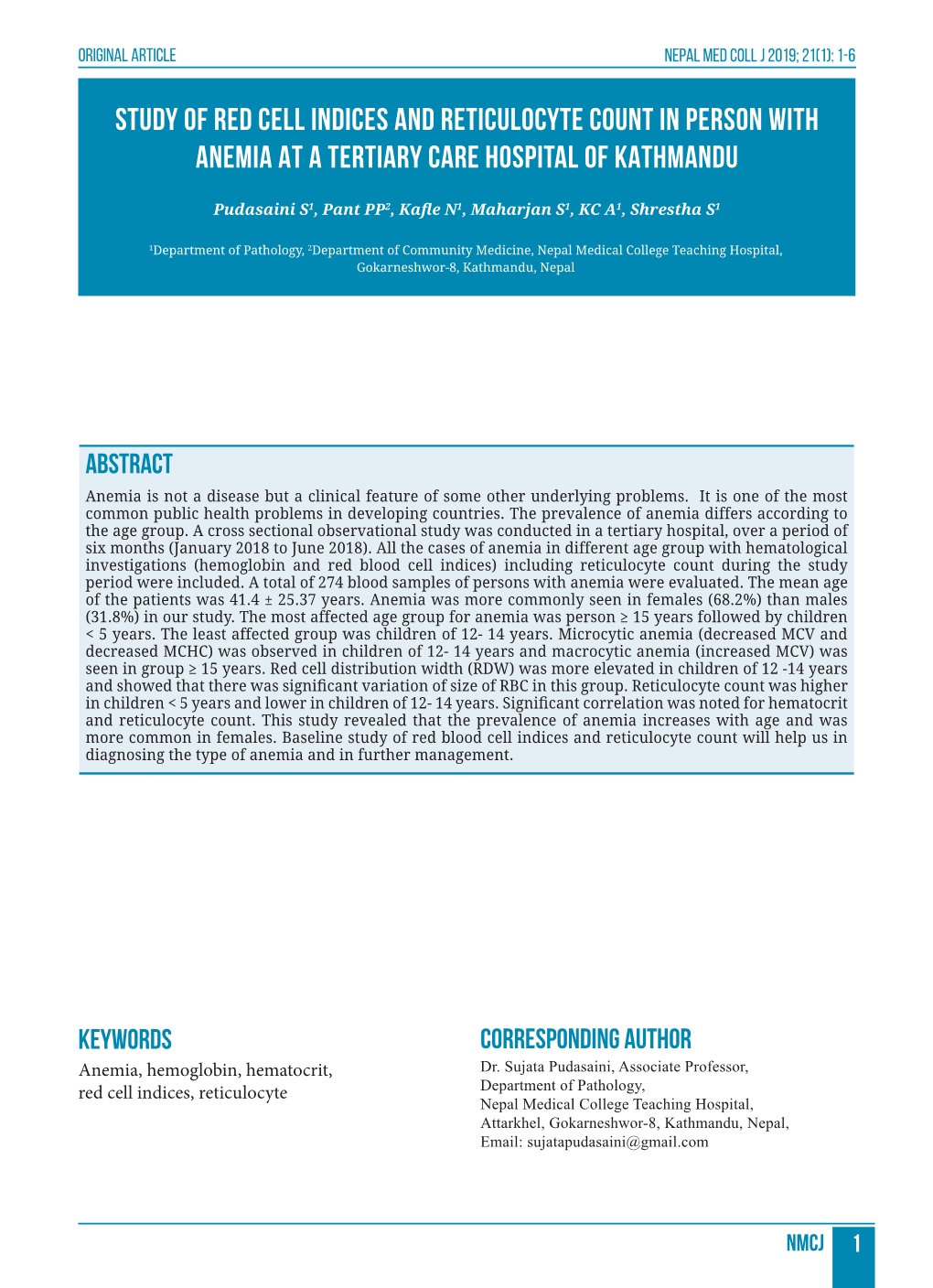 Study of Red Cell Indices and Reticulocyte Count in Person with Anemia at a Tertiary Care Hospital of Kathmandu