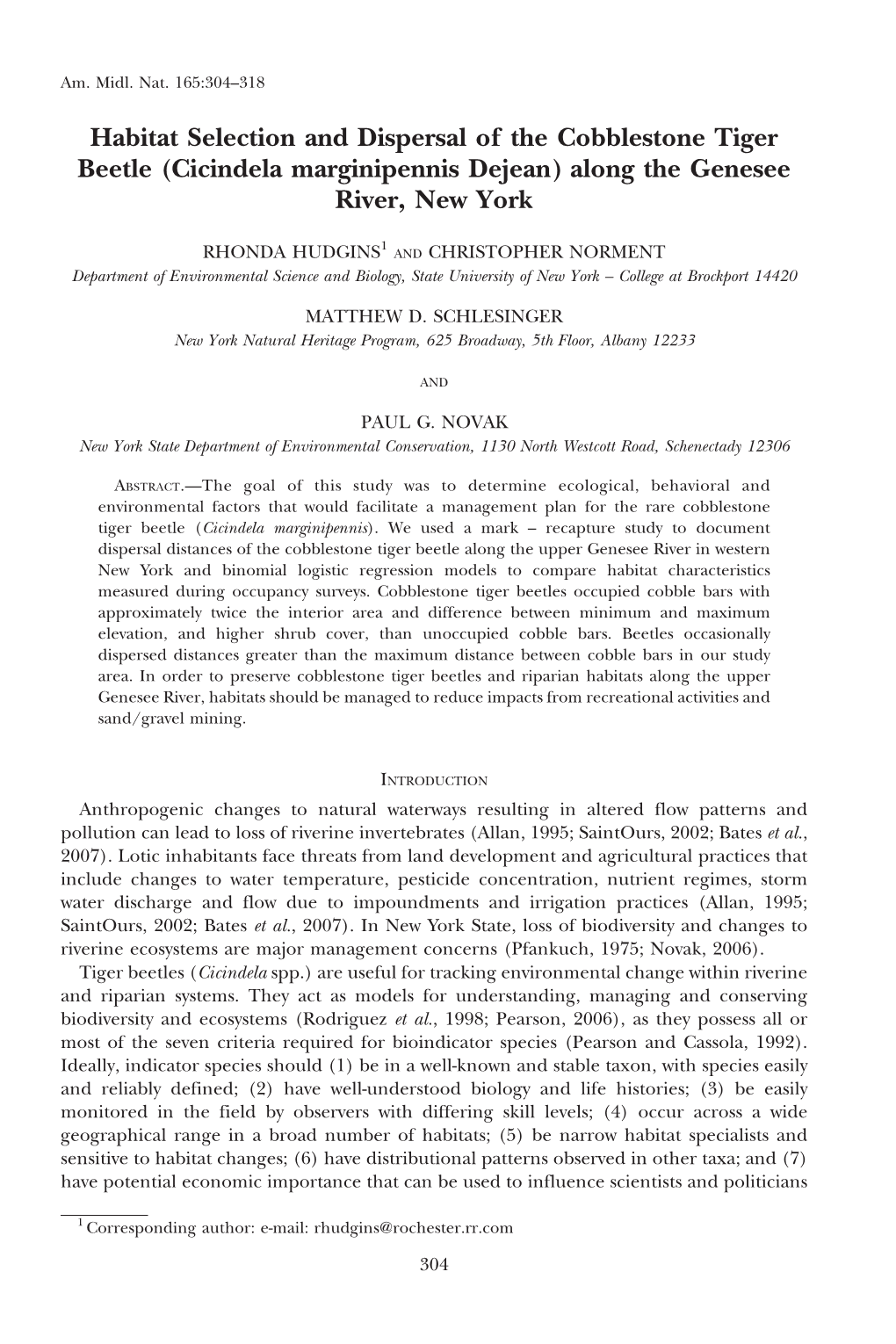 Habitat Selection and Dispersal of the Cobblestone Tiger Beetle (Cicindela Marginipennis Dejean) Along the Genesee River, New York