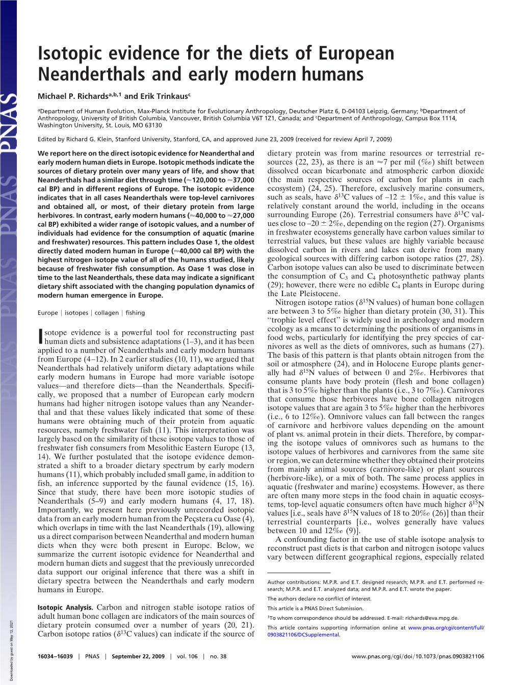 Isotopic Evidence for the Diets of European Neanderthals and Early Modern Humans