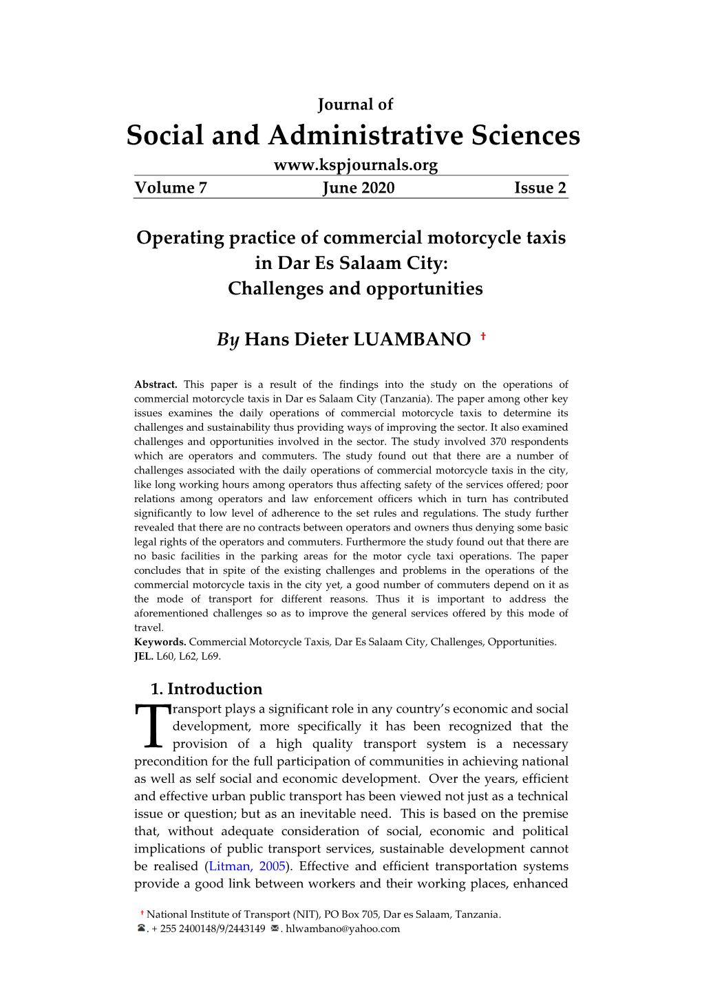 Social and Administrative Sciences Volume 7 June 2020 Issue 2
