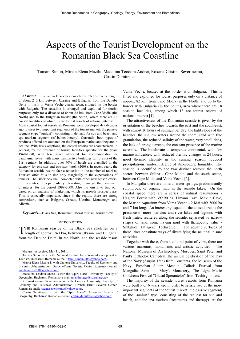 Aspects of the Tourist Development on the Romanian Black Sea Coastline