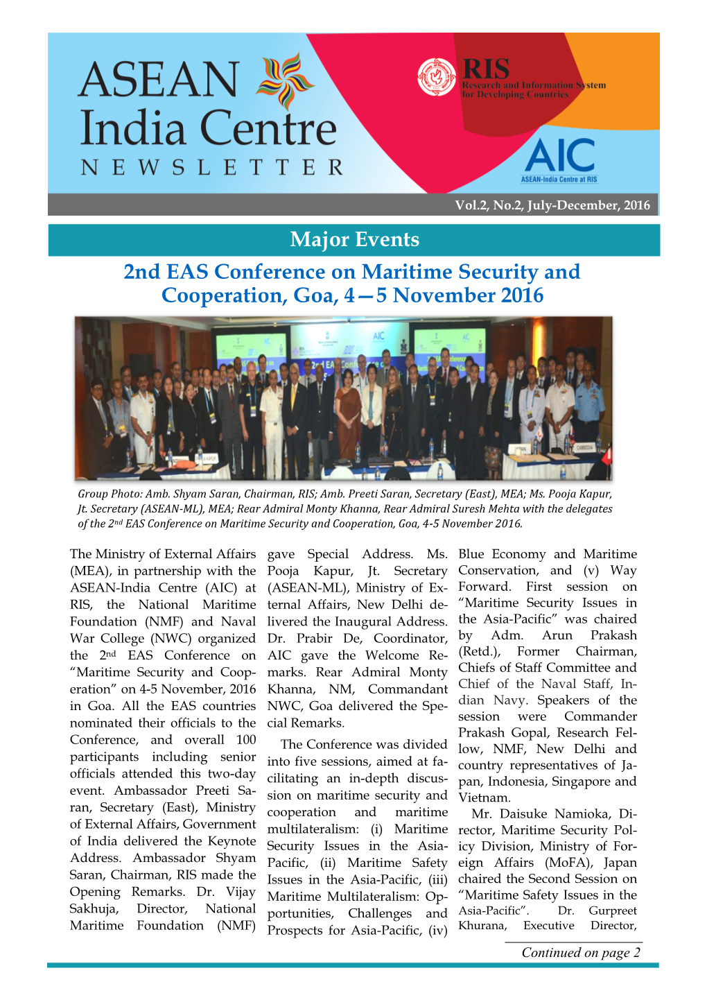 2Nd EAS Conference on Maritime Security and Cooperation, Goa, 4—5 November 2016