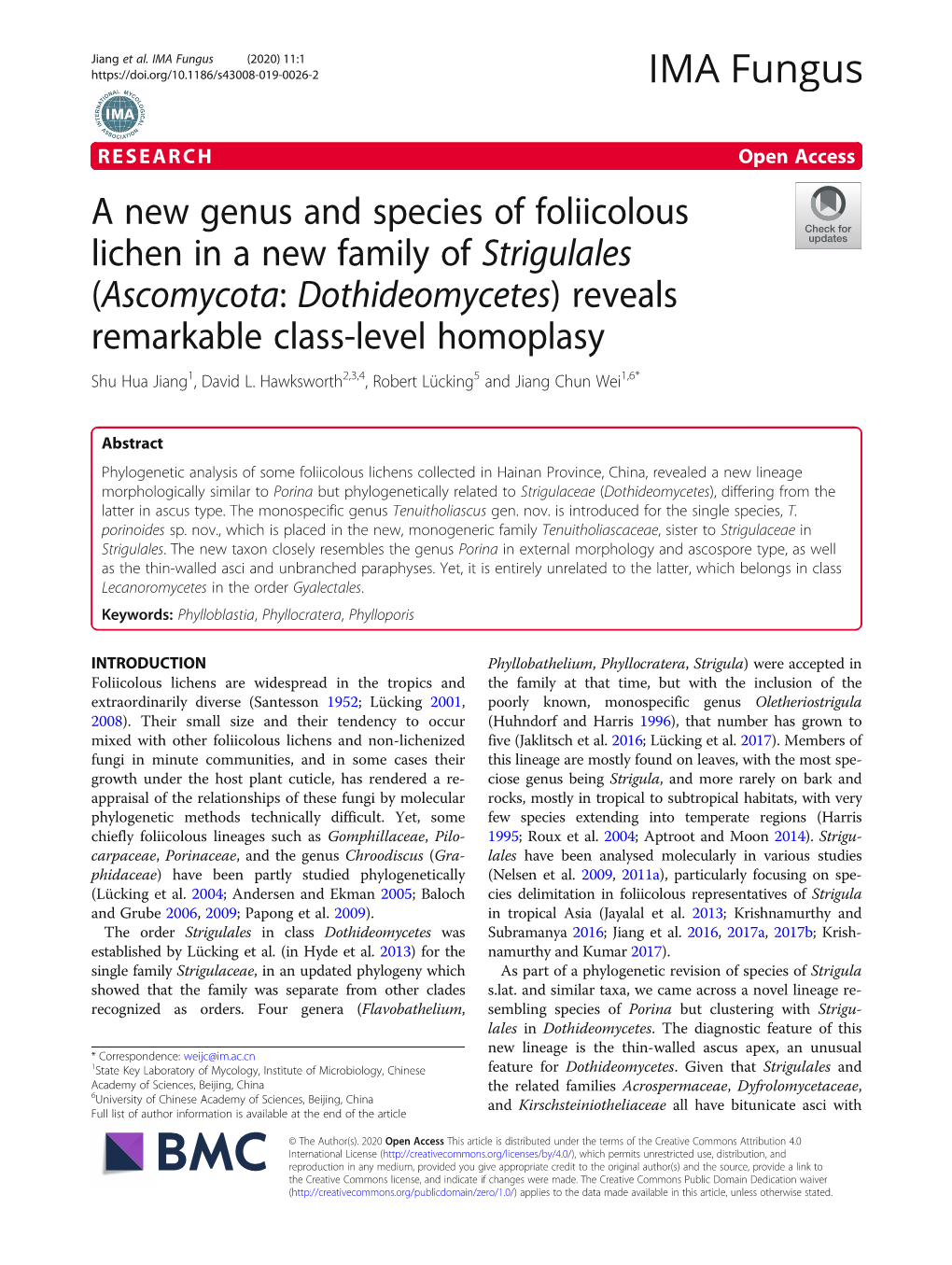 A New Genus and Species of Foliicolous Lichen in a New Family of Strigulales