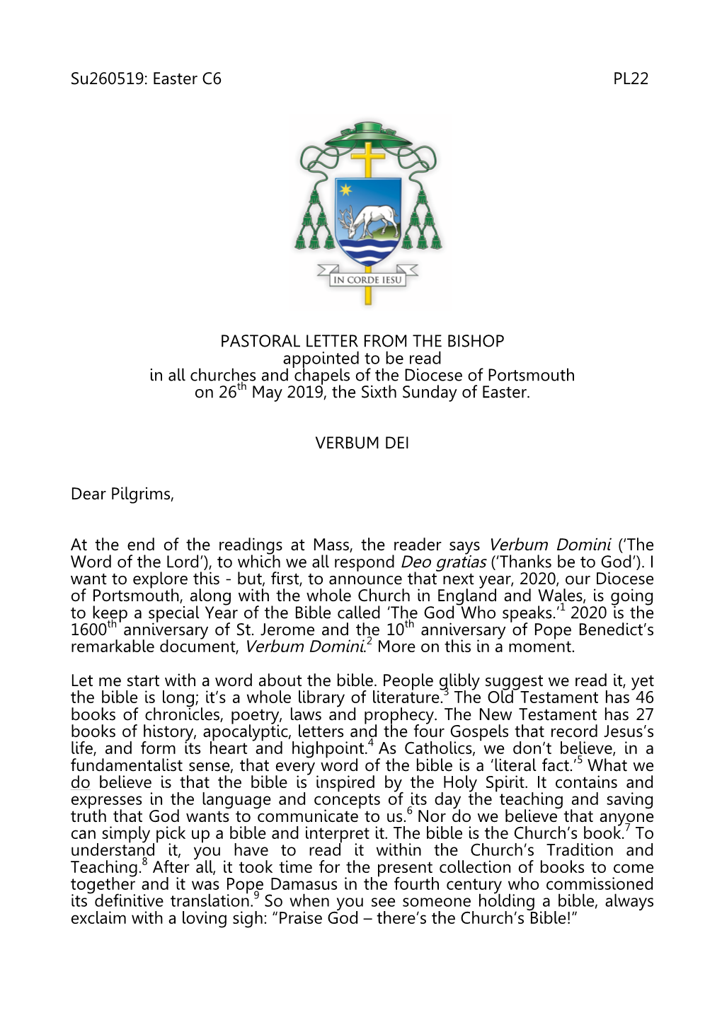 Easter C6 PL22 PASTORAL LETTER from the BISHOP Appointed To