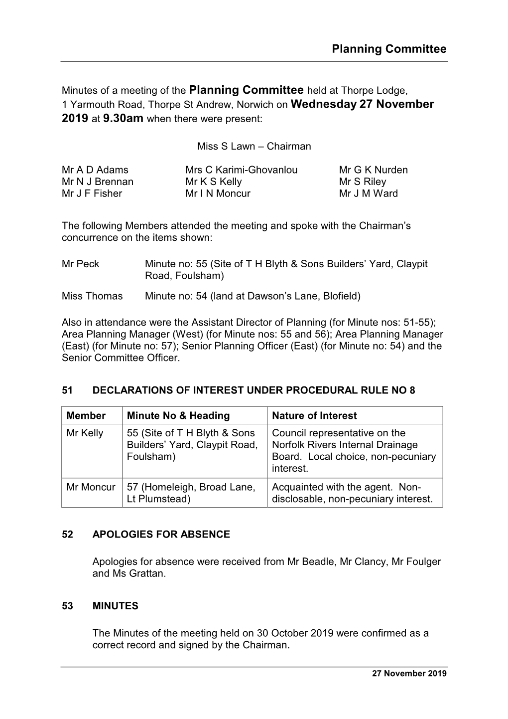 Planning Committee Minutes