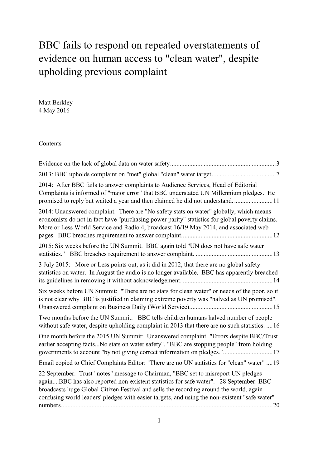 BBC Fails to Respond on Repeated Overstatements of Evidence on Human Access to "Clean Water", Despite Upholding Previous Complaint