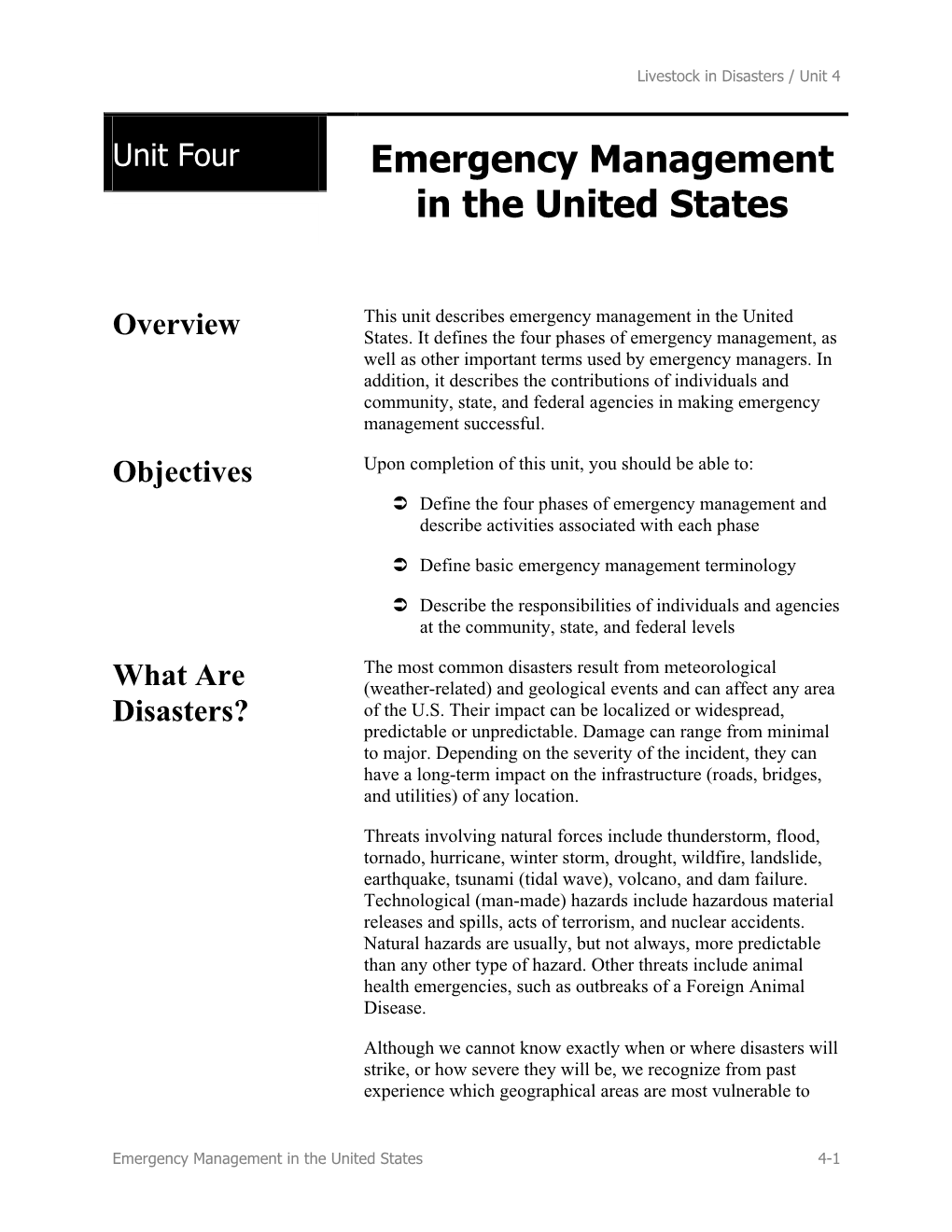 Emergency Management in the United States 4-1 Livestock in Disasters / Unit 4