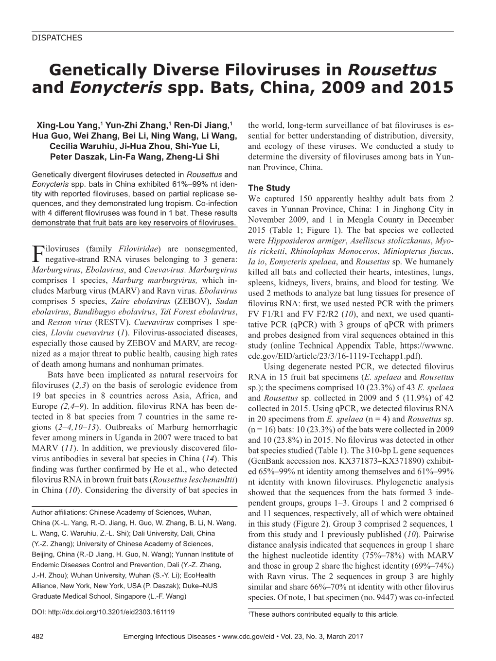 Genetically Diverse Filoviruses in Rousettus and Eonycteris Spp. Bats, China, 2009 and 2015