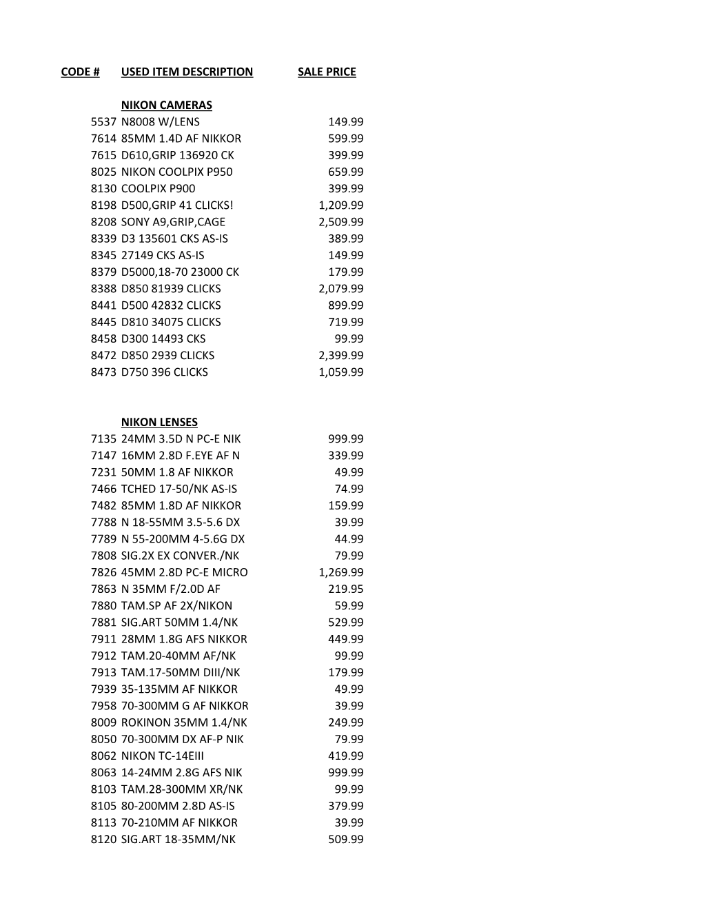 Code # Used Item Description Sale Price Nikon Cameras