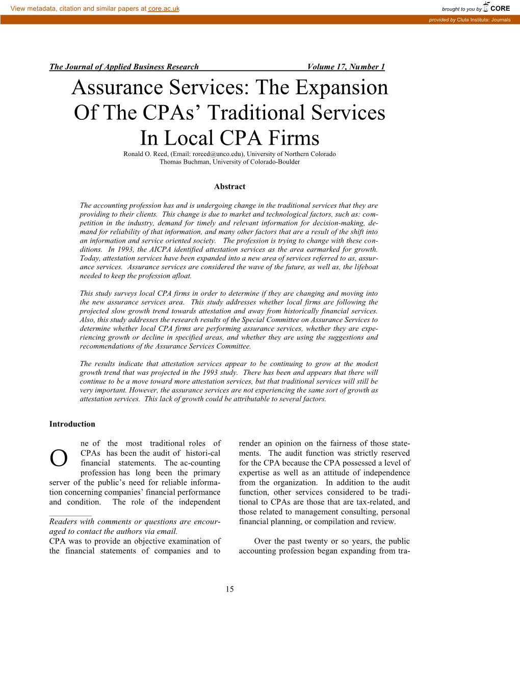 Assurance Services: the Expansion of the Cpas' Traditional