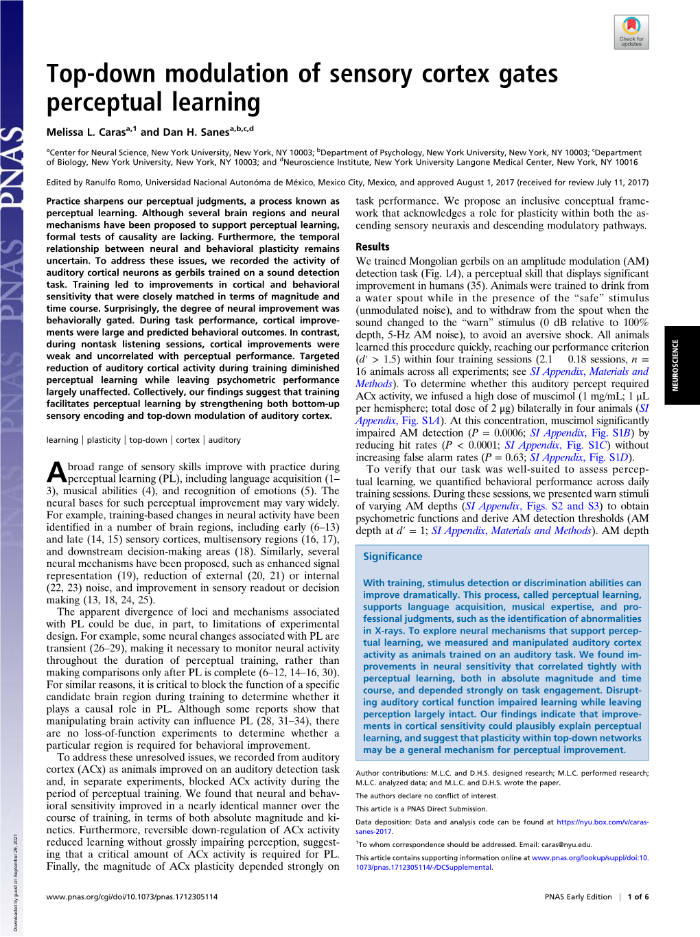 Top-Down Modulation of Sensory Cortex Gates Perceptual Learning