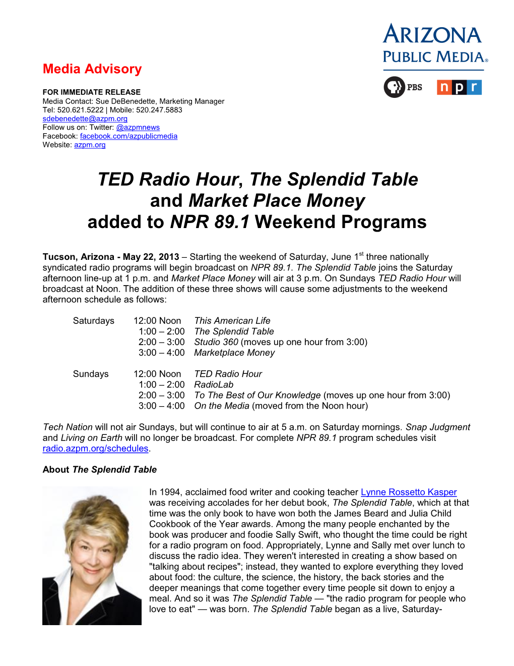 TED Radio Hour, the Splendid Table and Market Place Money Added to NPR 89.1 Weekend Programs