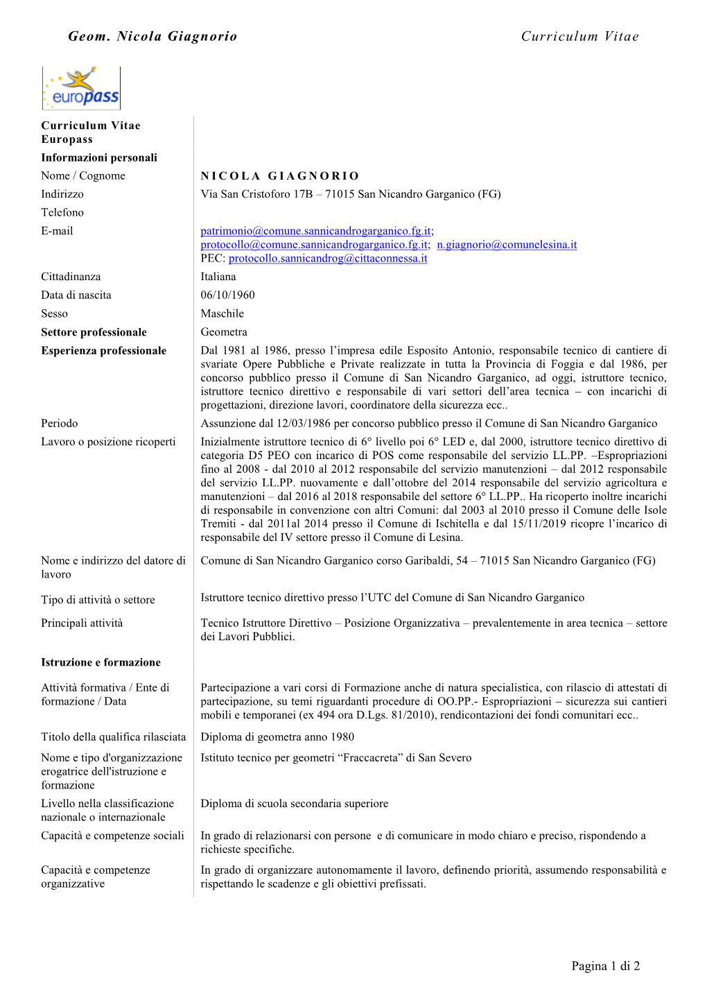 Geom. Nicola Giagnorio Curriculum Vitae