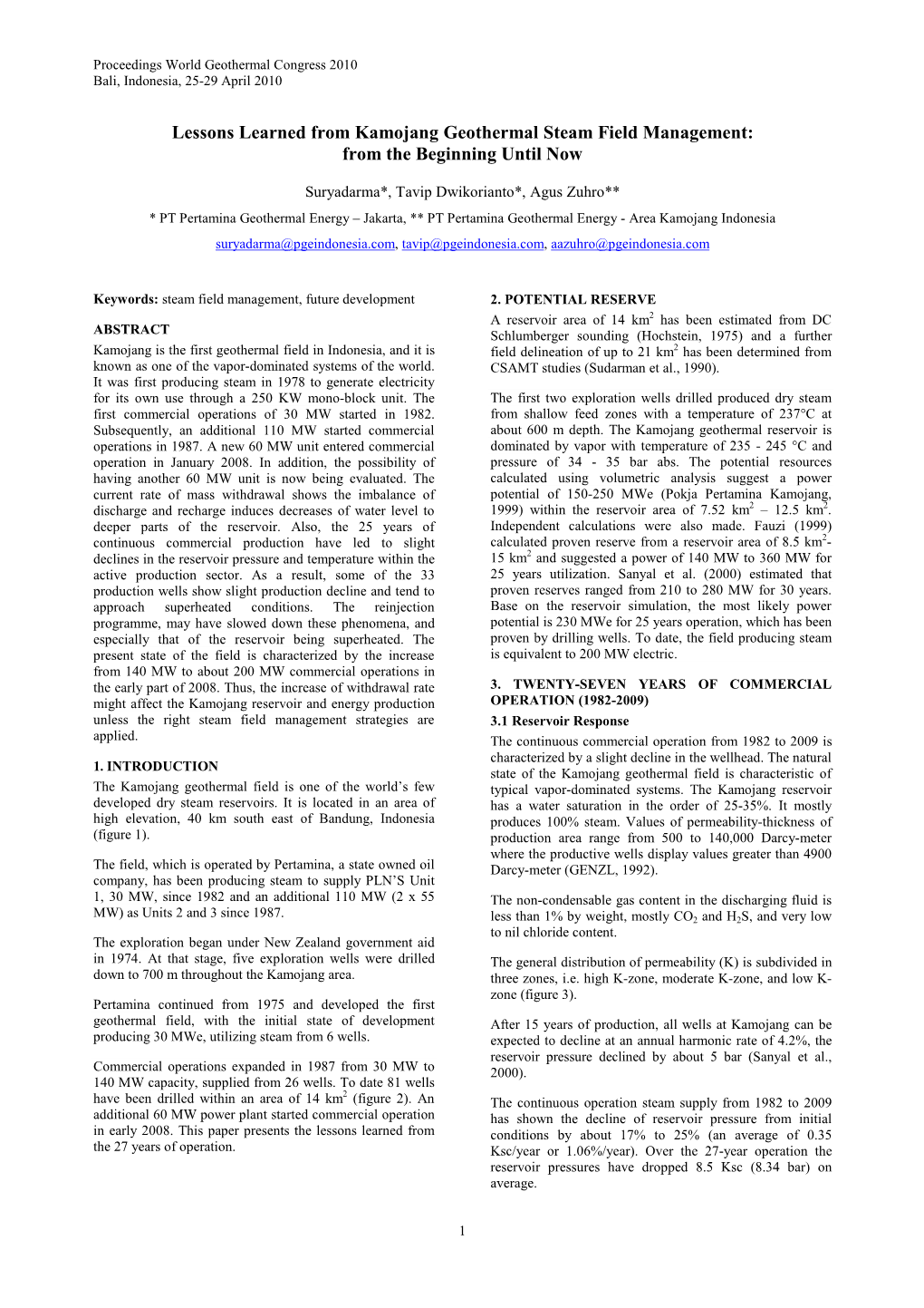 Lesson Learned from Kamojang Geothermal Steam Field Management