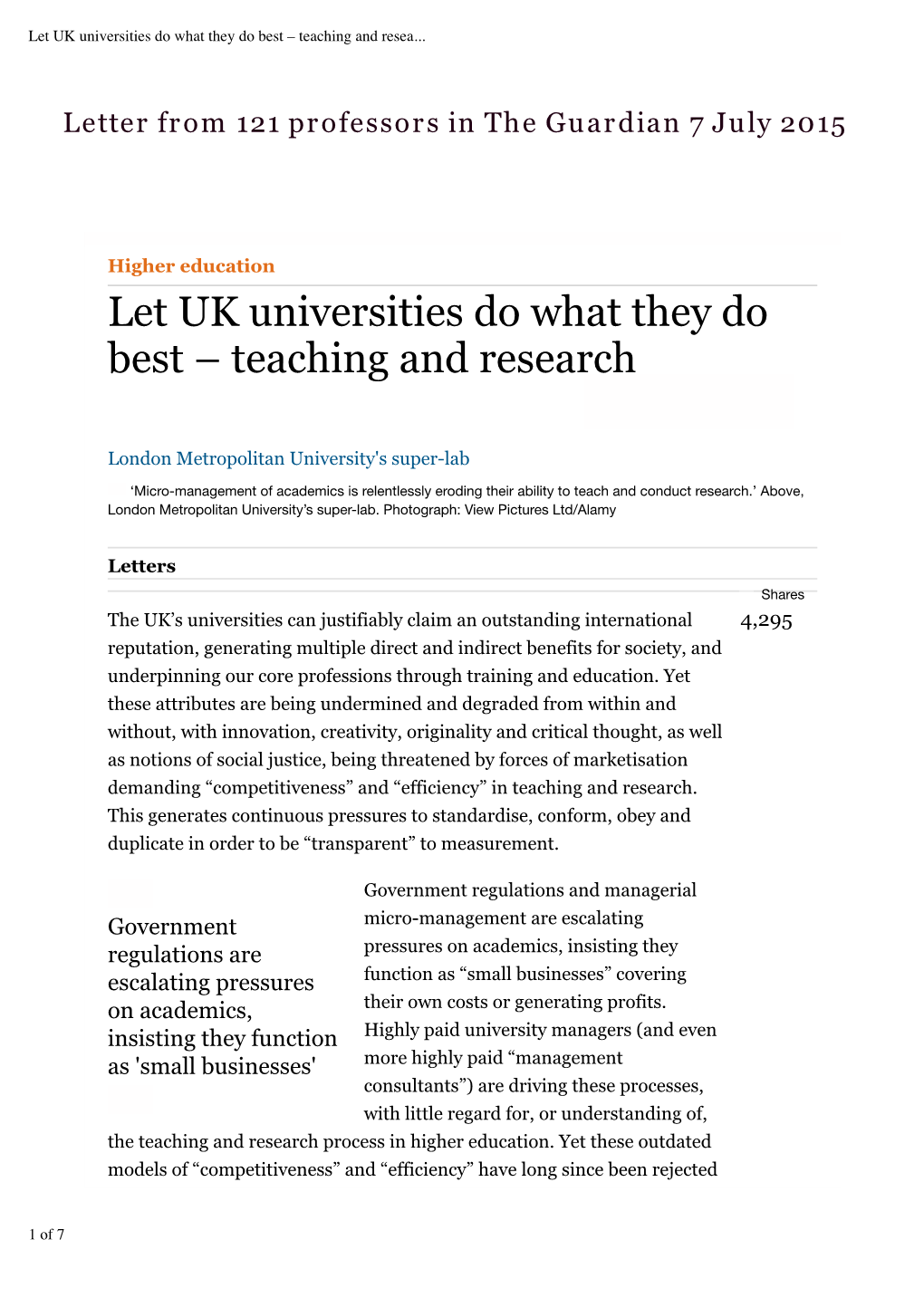 Let UK Universities Do What They Do Best – Teaching and Research