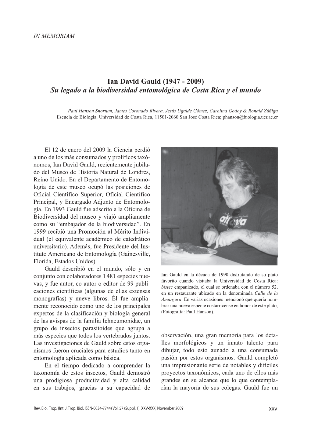 Ian David Gauld (1947 - 2009) Su Legado a La Biodiversidad Entomológica De Costa Rica Y El Mundo