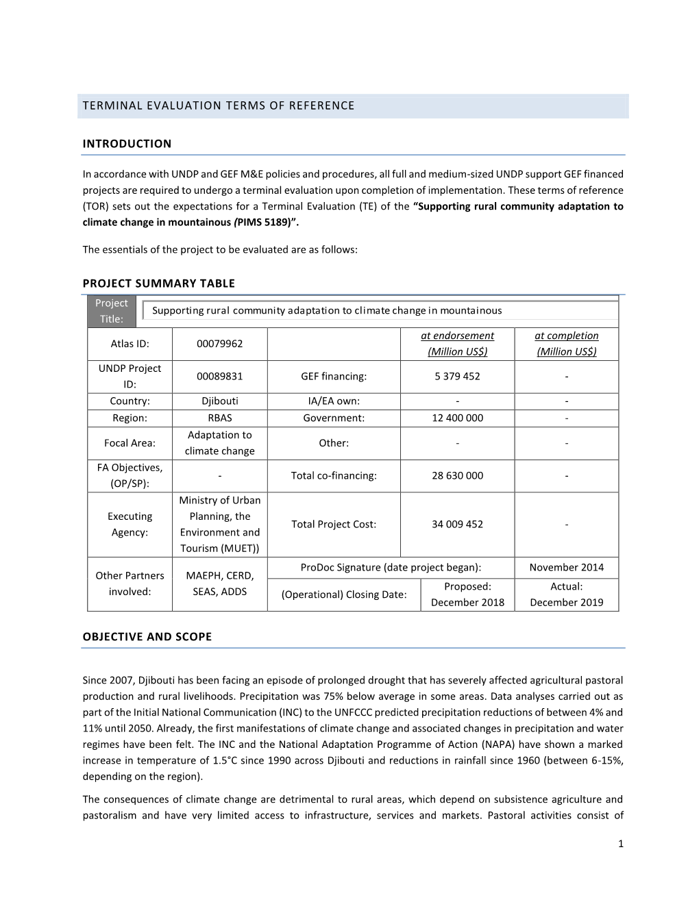 Terminal Evaluation Terms of Reference Introduction