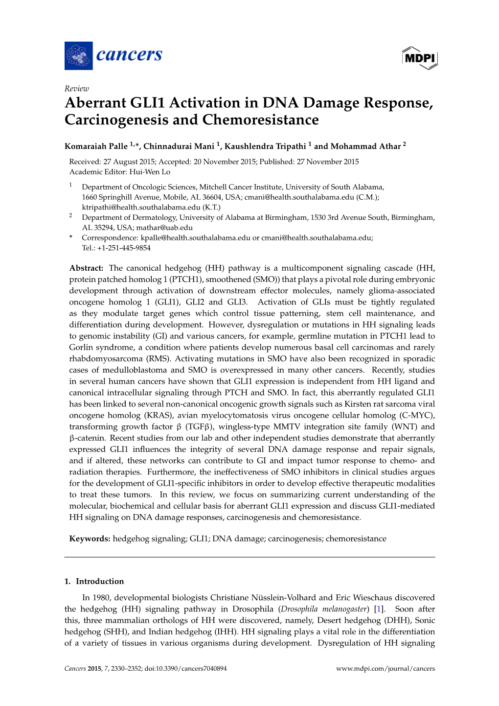 Aberrant GLI1 Activation in DNA Damage Response, Carcinogenesis and Chemoresistance