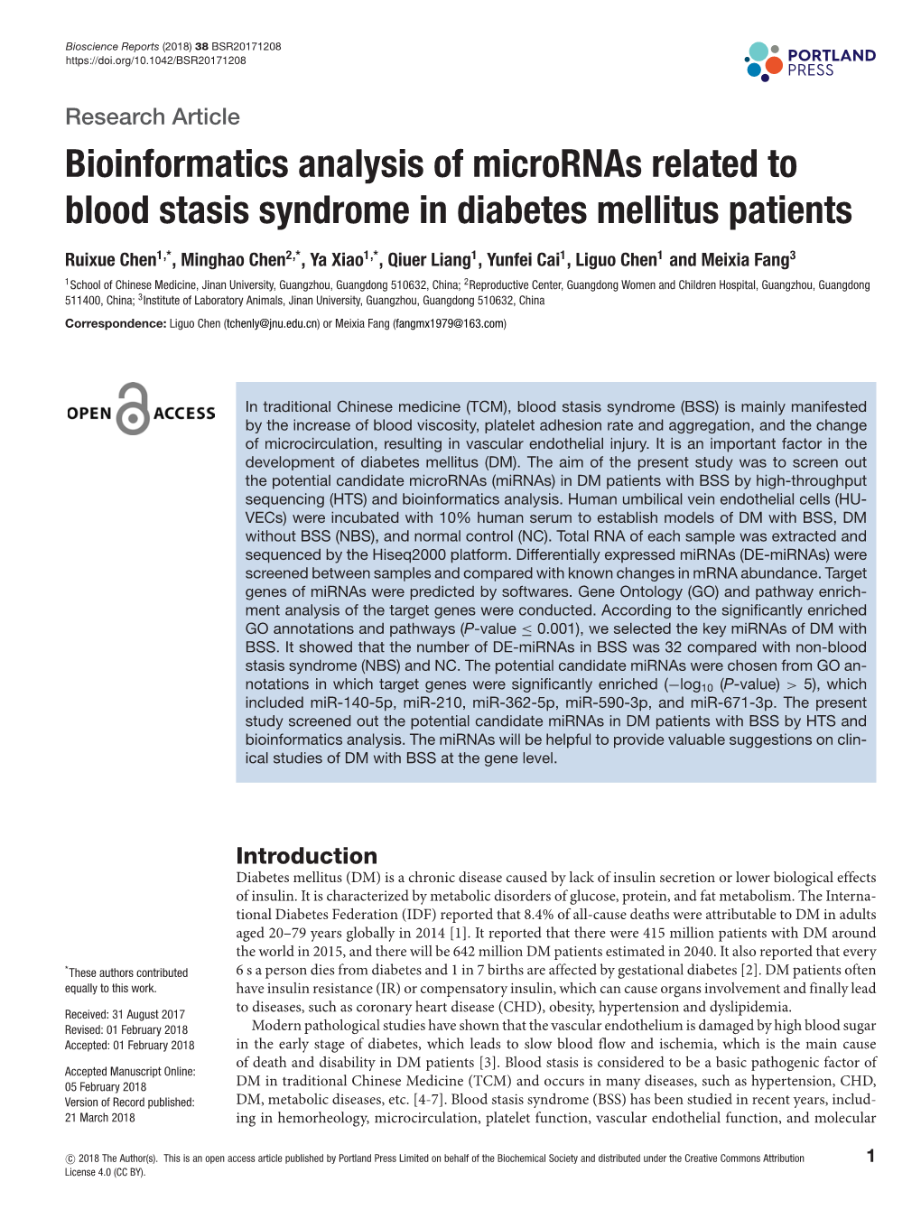 Bioinformatics Analysis of Micrornas Related to Blood Stasis Syndrome in Diabetes Mellitus Patients