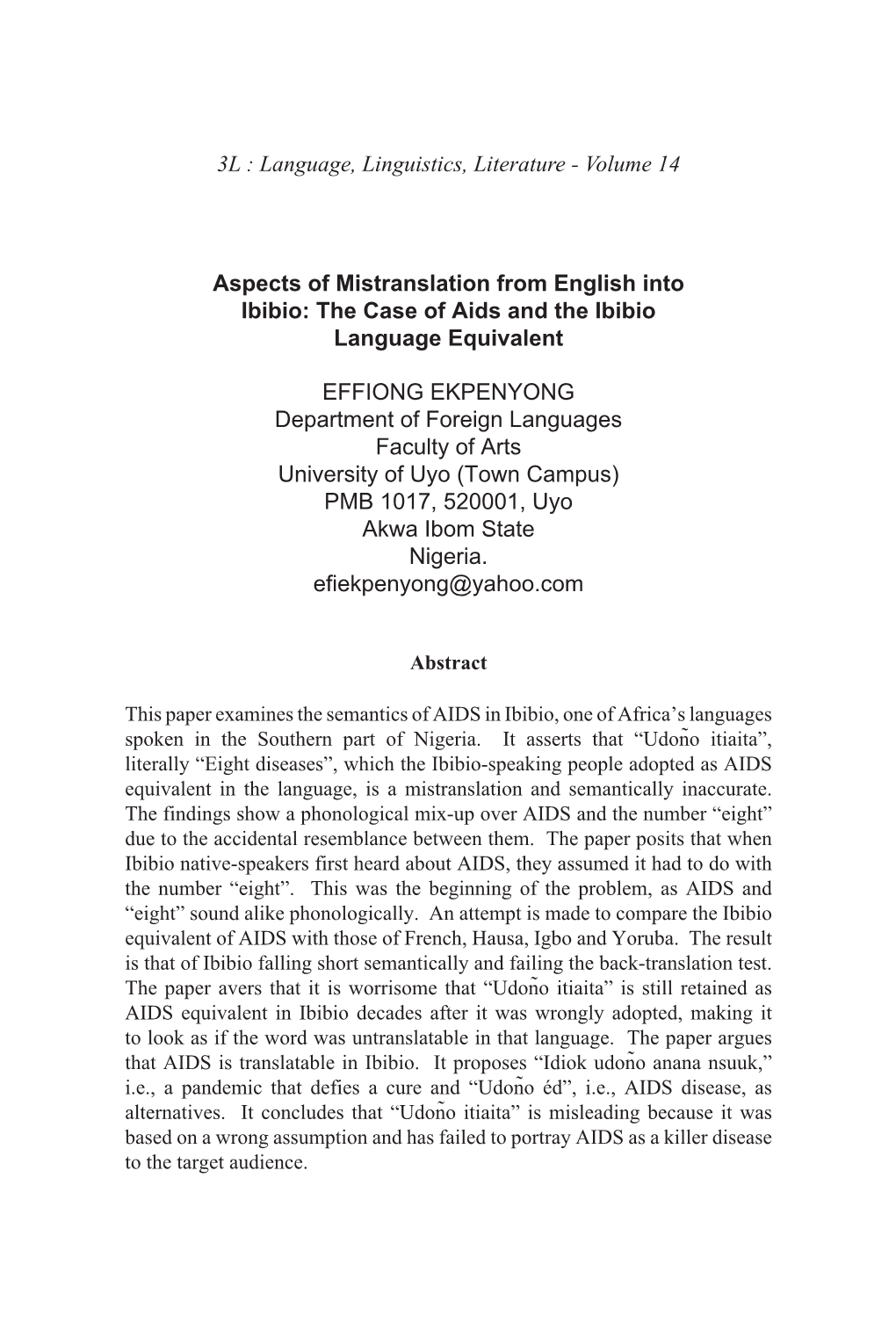 The Case of Aids and the Ibibio Language Equivalent EFFIONG