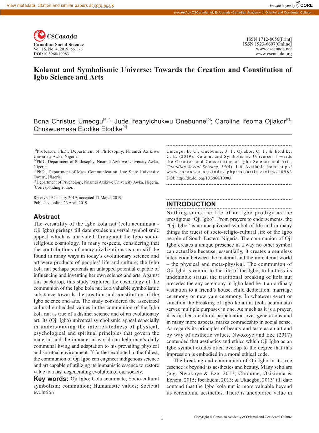 Kolanut and Symbolismic Universe: Towards the Creation and Constitution of Igbo Science and Arts