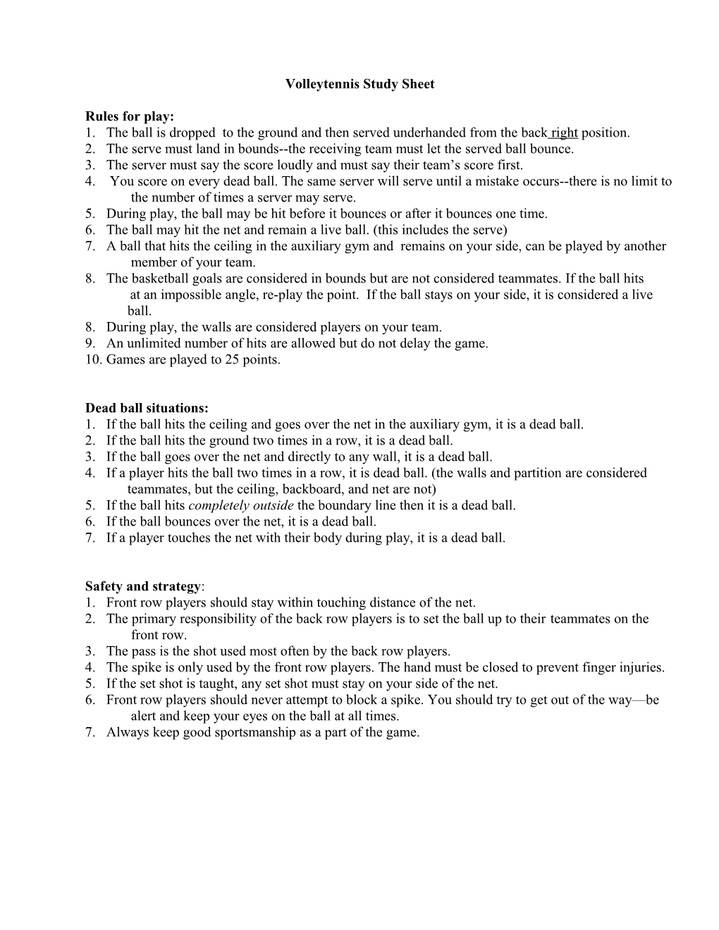 Volleytennis Study Sheet