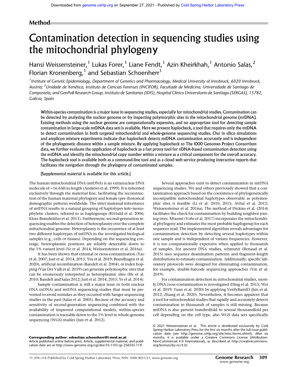 Contamination Detection in Sequencing Studies Using the Mitochondrial Phylogeny