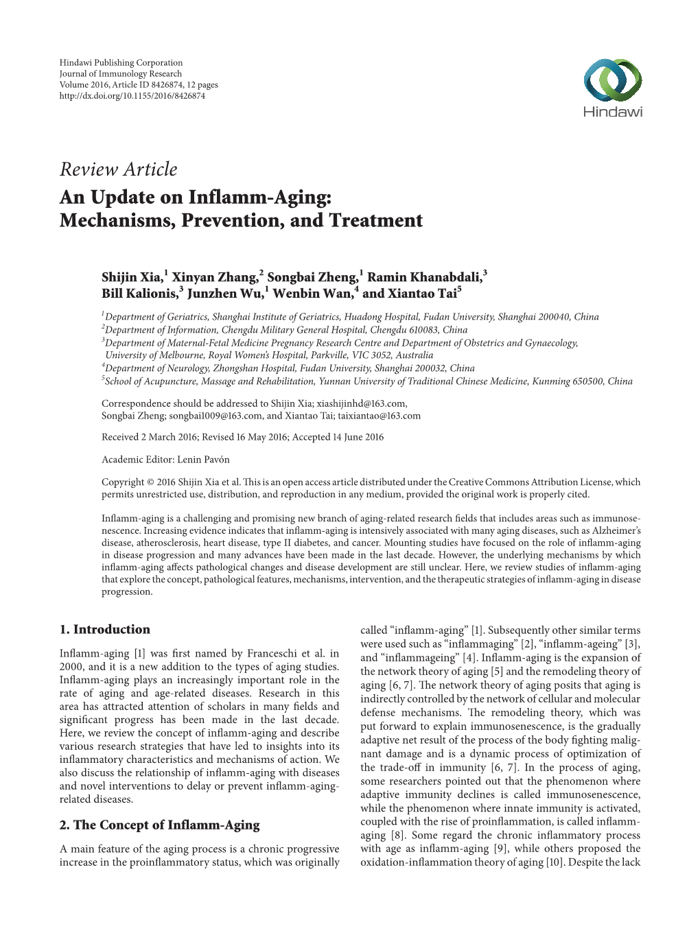 Review Article an Update on Inflamm-Aging: Mechanisms, Prevention, and Treatment