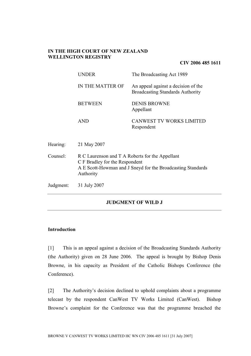 Browne V Canwest Tvworks Ltd, 31 July 2007 (PDF)