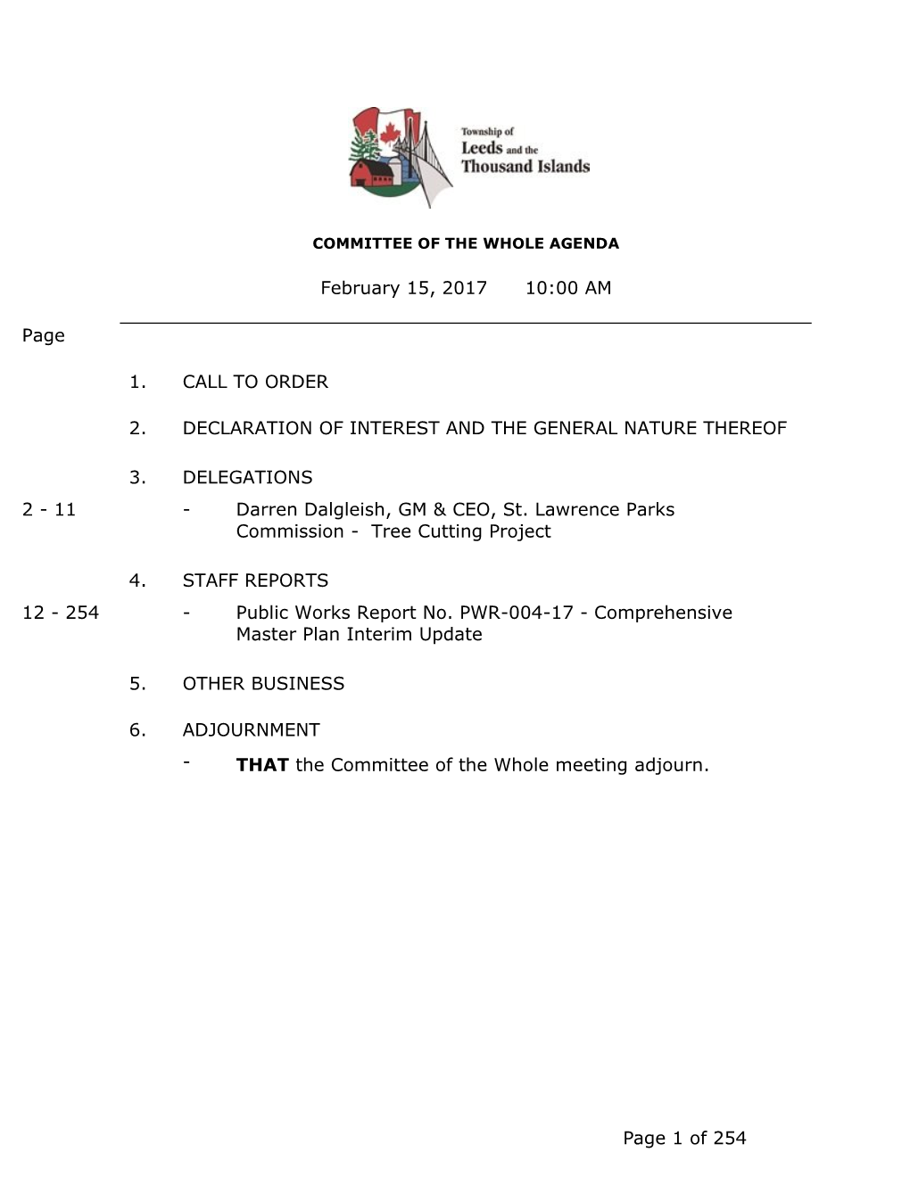 Committee of the Whole Agenda