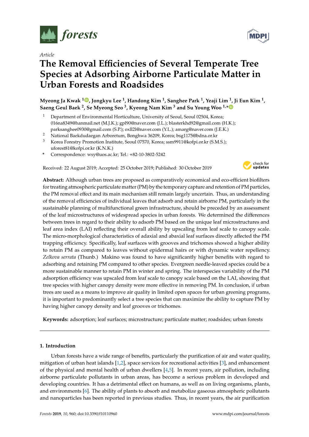 The Removal Efficiencies of Several Temperate Tree Species At