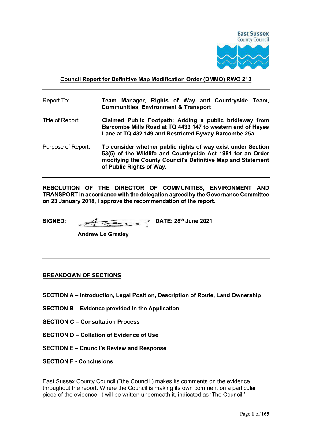 Council Report for Definitive Map Modification Order (DMMO) RWO 213