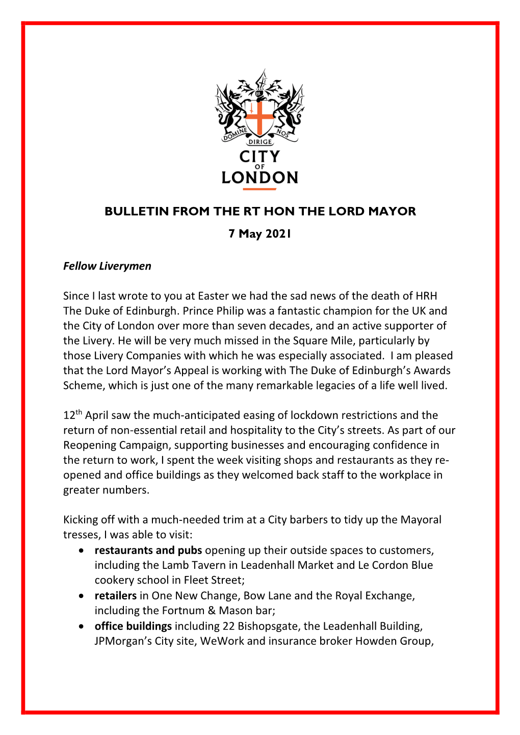 BULLETIN from the RT HON the LORD MAYOR 7 May 2021 Fellow