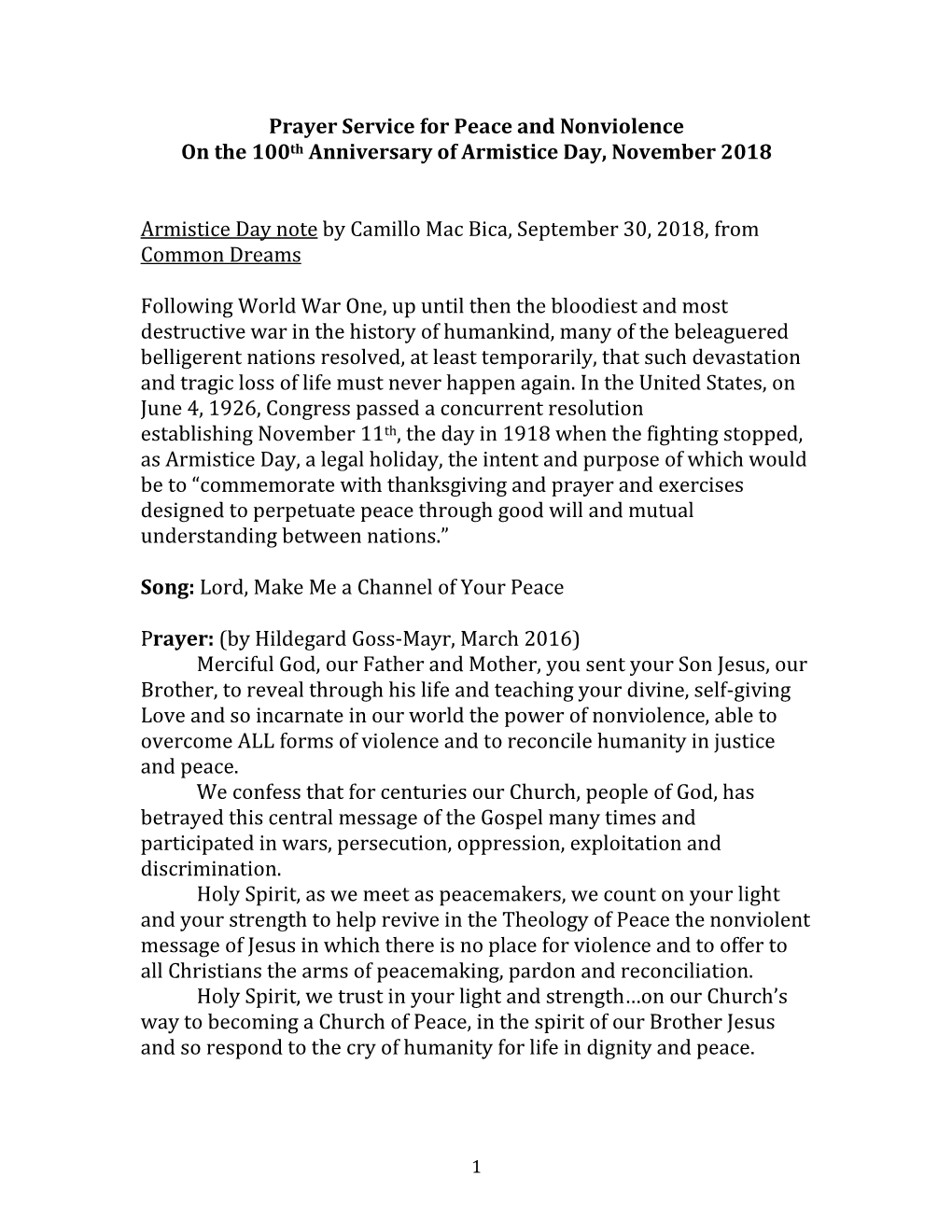 Prayer Service for Peace and Nonviolence on the 100Th Anniversary of Armistice Day, November 2018