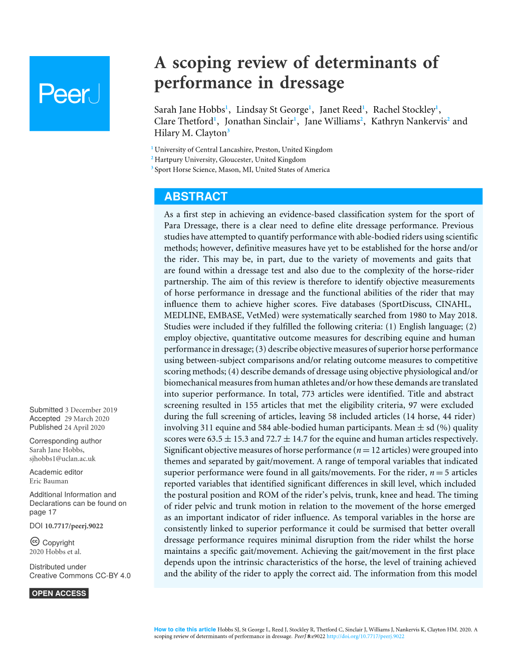 A Scoping Review of Determinants of Performance in Dressage