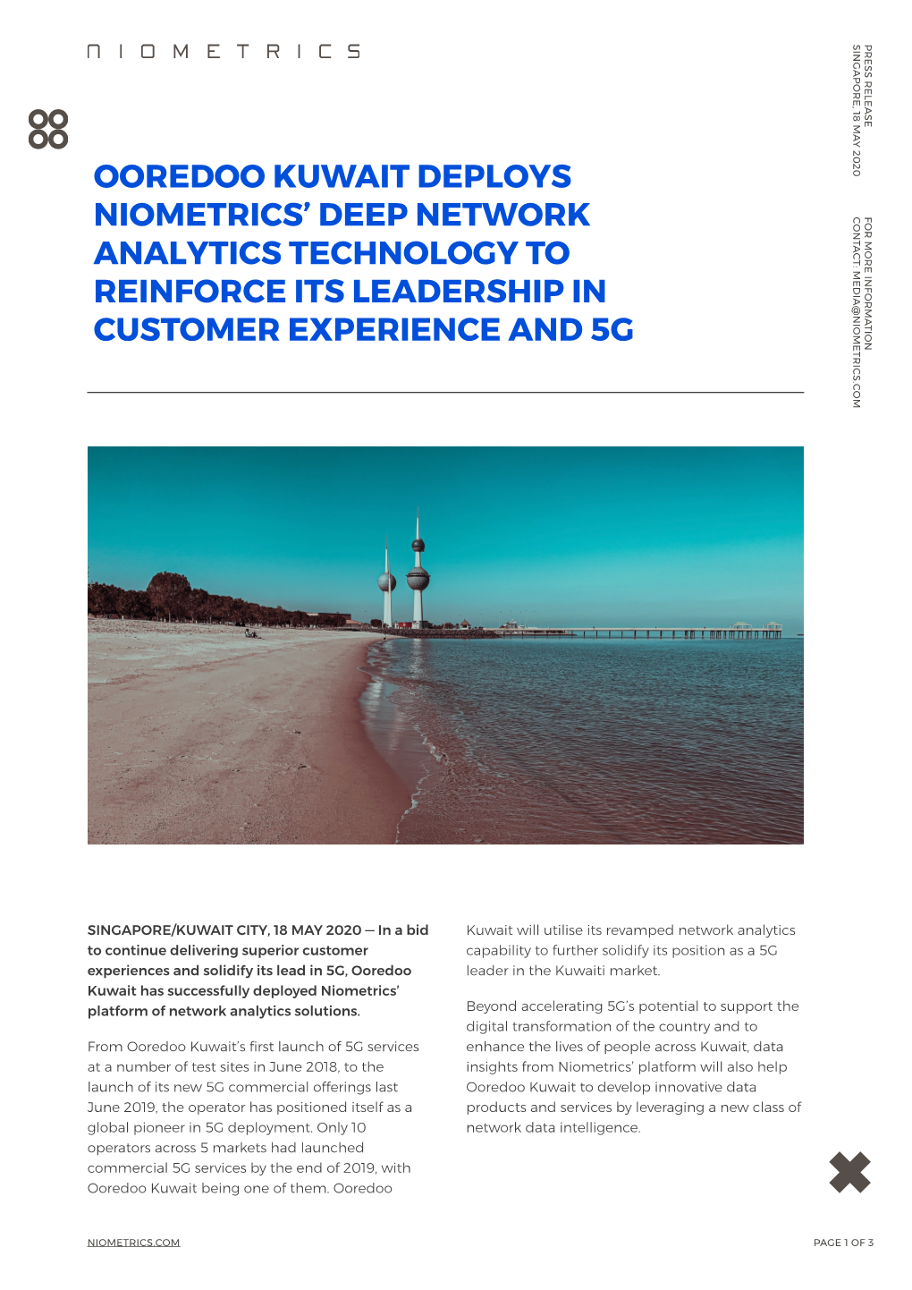 Ooredoo Kuwait Deploys Niometrics' Deep Network Analytics Technology to Reinforce Its Leadership in Customer Experience and 5G