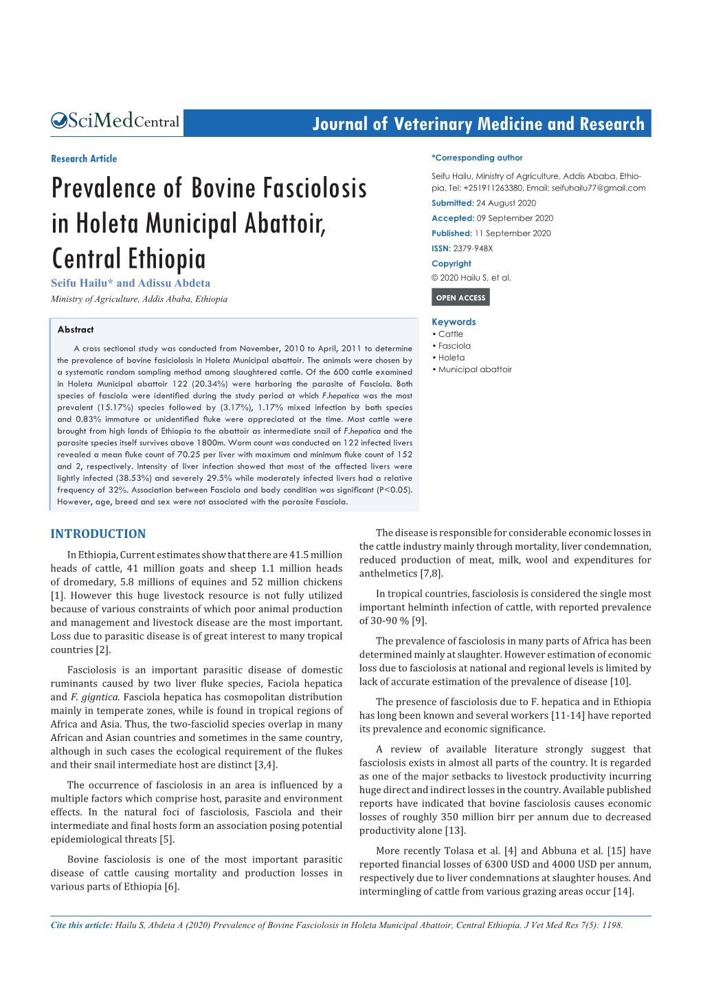 Prevalence of Bovine Fasciolosis in Holeta Municipal Abattoir, Central Ethiopia