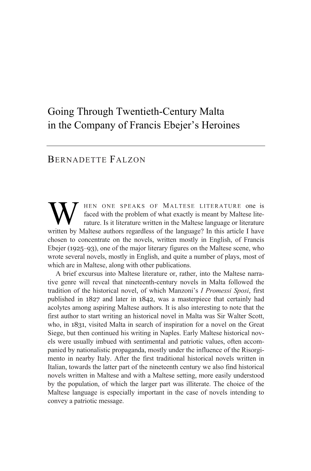 Going Through Twentieth-Century Malta in the Company of Francis Ebejer’S Heroines
