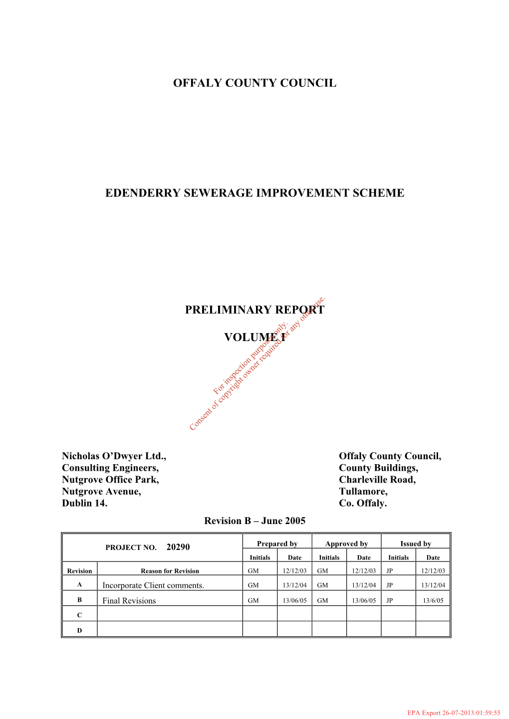 Offaly County Council Edenderry Sewerage Improvement Scheme Preliminary Report Volume I