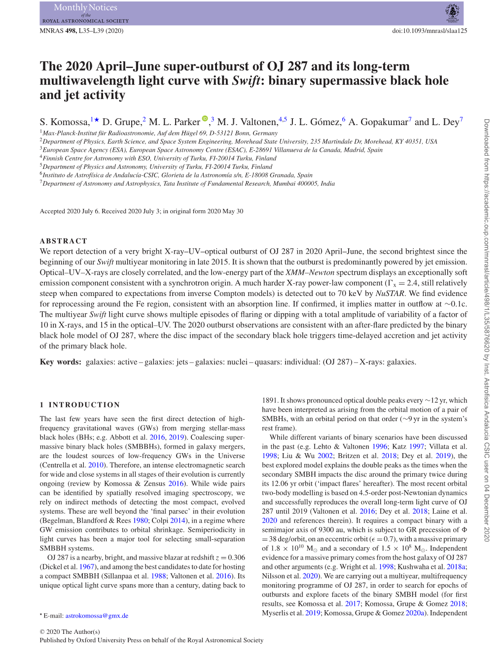 The 2020 April–June Super-Outburst of OJ 287 and Its Long-Term Multiwavelength Light Curve with Swift: Binary Supermassive Black Hole and Jet Activity