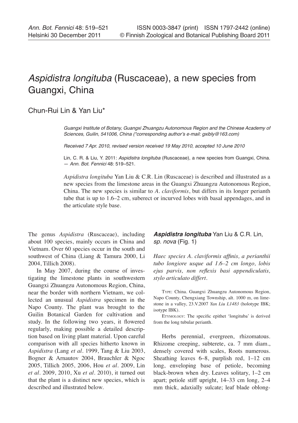 Aspidistra Longituba (Ruscaceae), a New Species from Guangxi, China