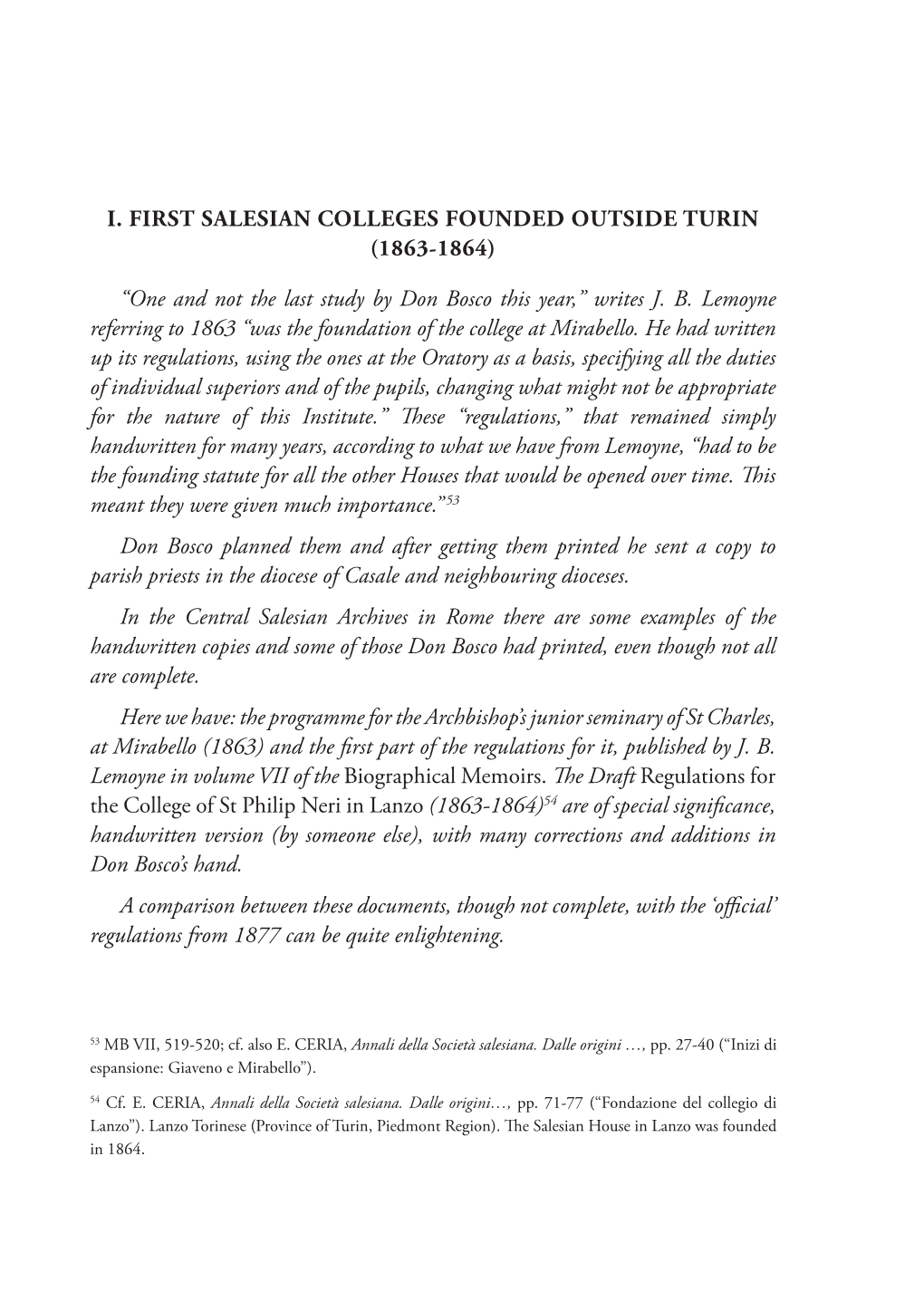 I. First Salesian Colleges Founded Outside Turin (1863-1864)