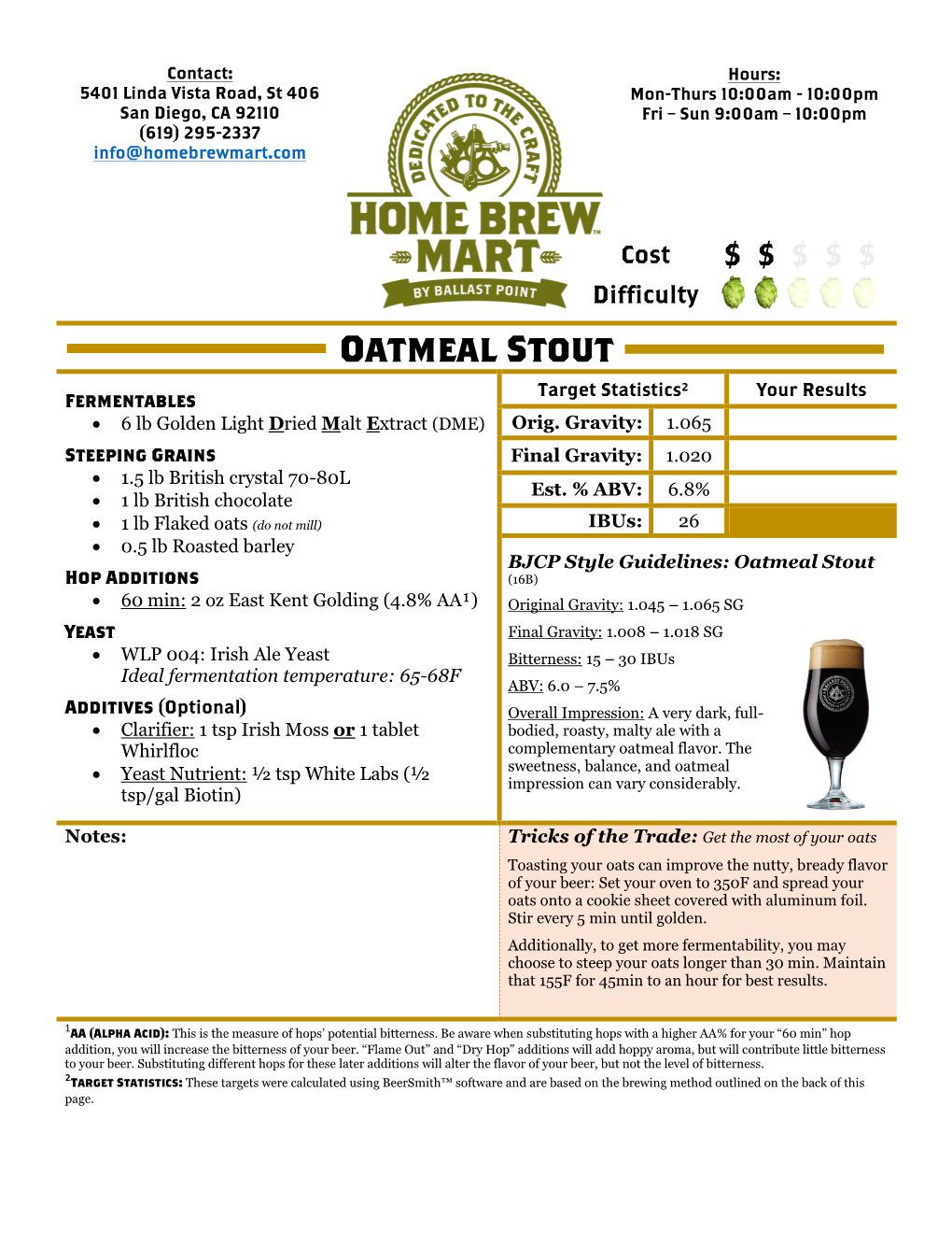 Oatmeal Stout Target Statistics² Your Results Fermentables • 6 Lb Golden Light Dried Malt Extract (DME) Orig